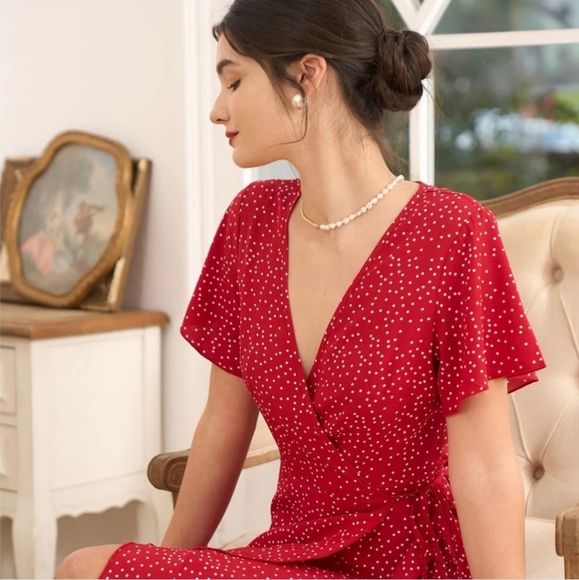 NWT Rihoas Red & White PolkaDot Wrap Midi Dress, Medium - Picture 5 of 17